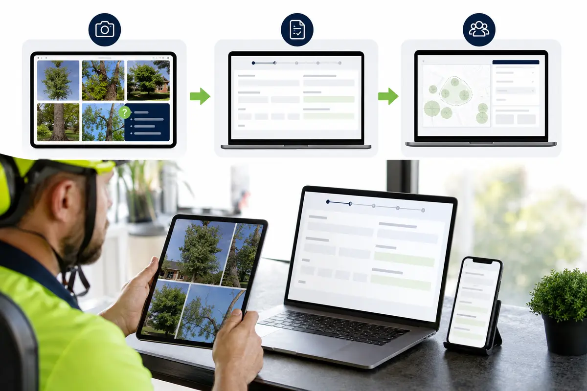 tree-service questions, safe photos and business review in an online estimate workflow