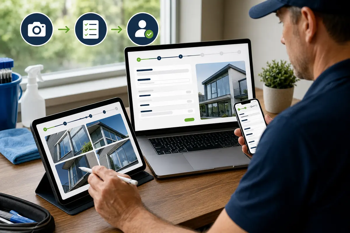window-cleaning questions, property photos and business review in an online estimate workflow
