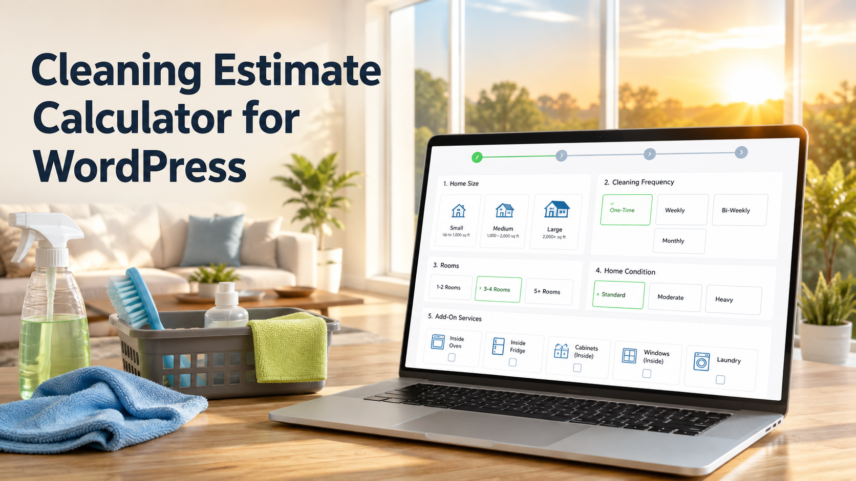 WordPress cleaning estimate calculator displayed on a laptop in a sunlit home