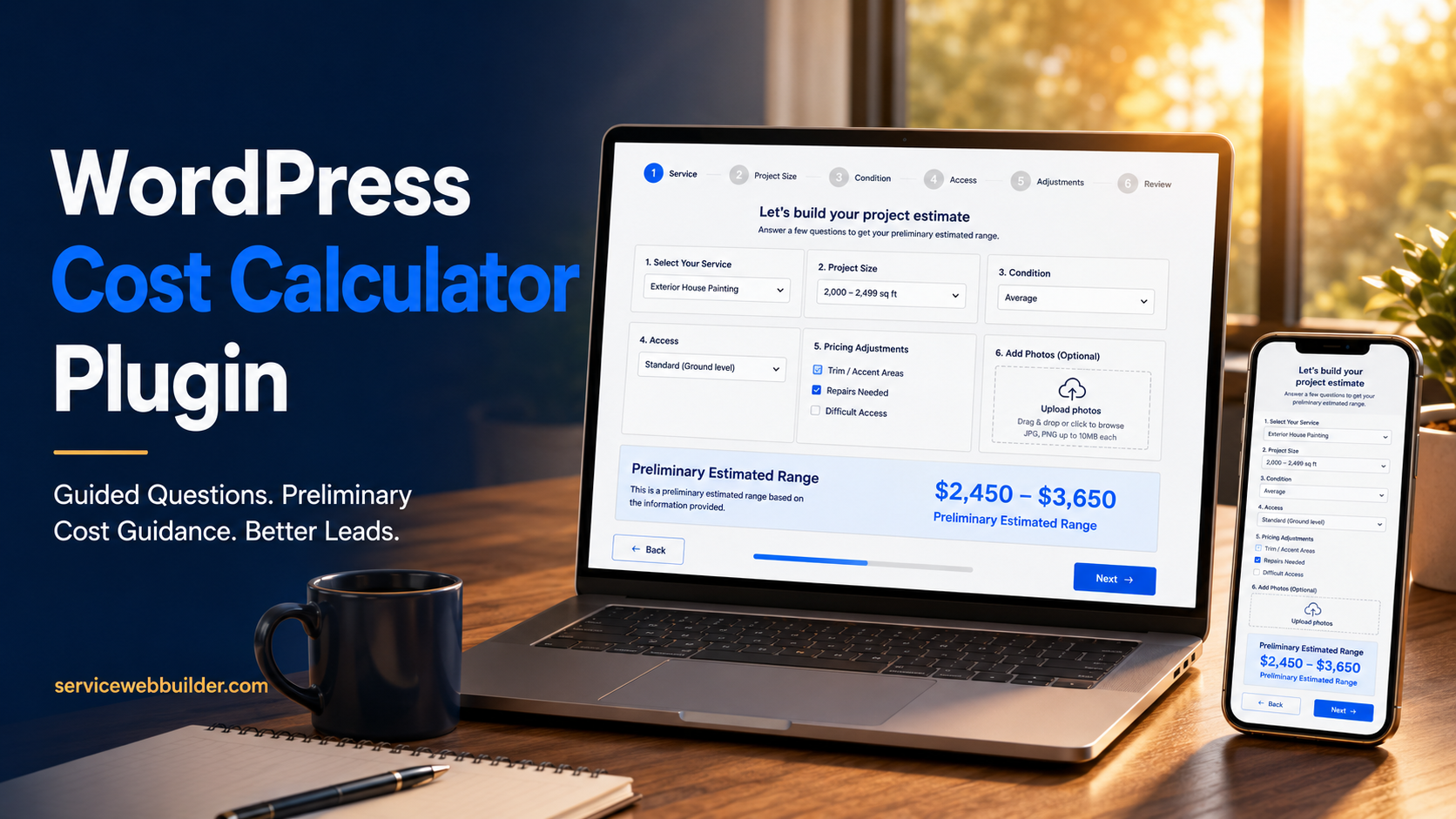WordPress cost calculator plugin displayed on a laptop and mobile phone