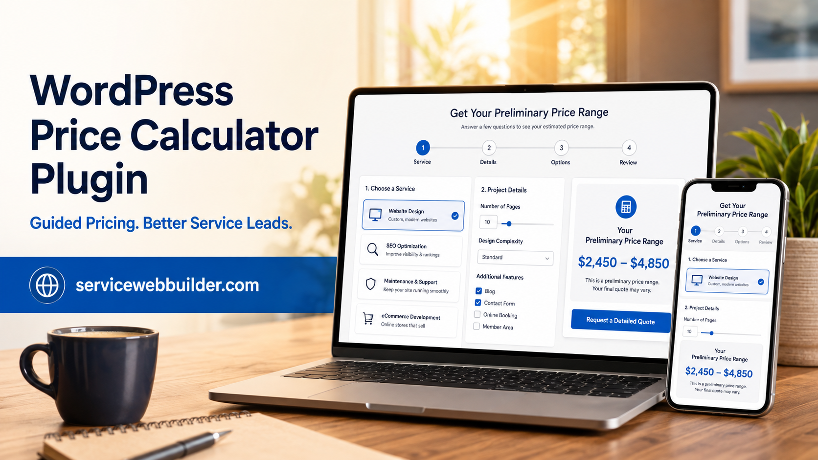 WordPress price calculator plugin displayed on a laptop and mobile phone