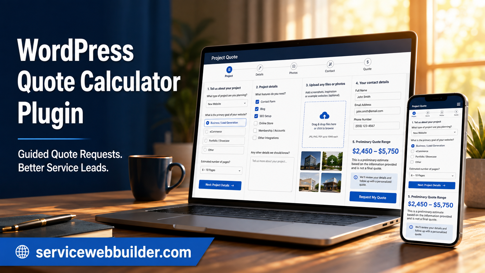 WordPress quote calculator plugin displayed on a laptop and mobile phone