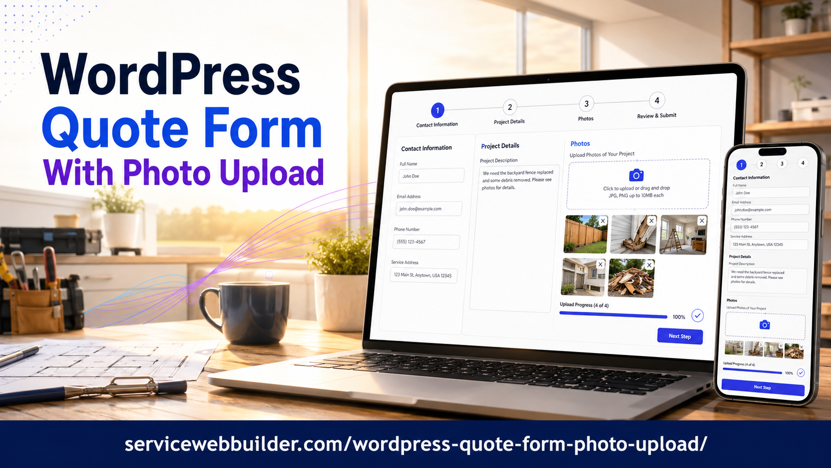WordPress quote form with photo upload displayed on a laptop and smartphone