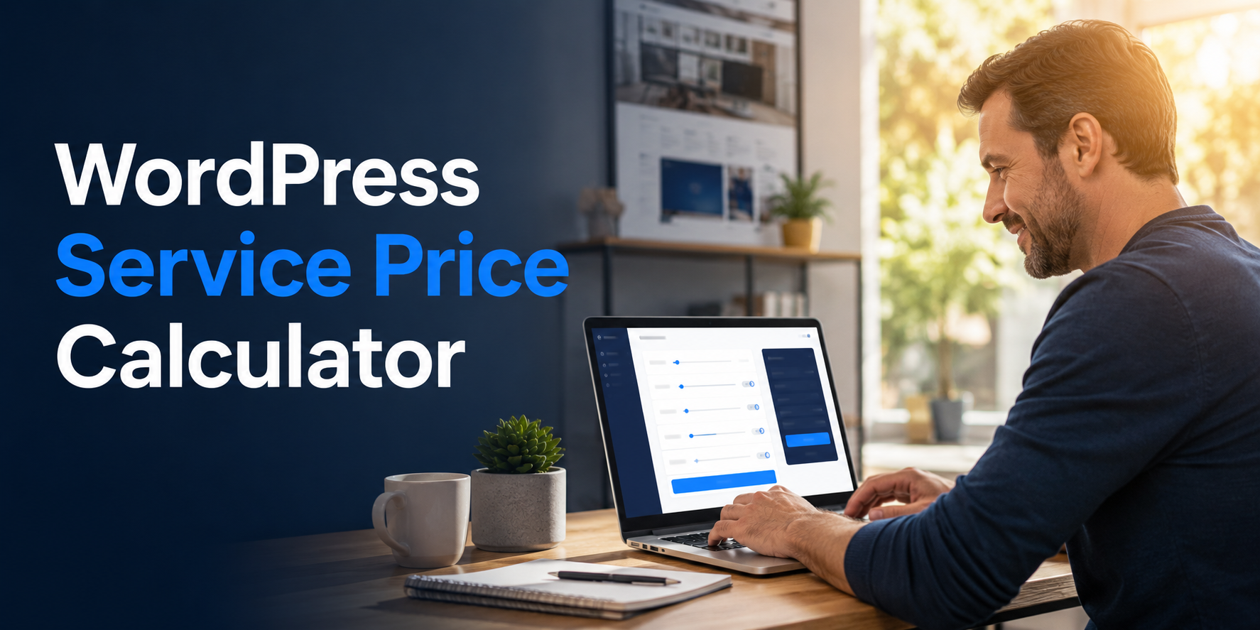 Service-business owner using a WordPress service price calculator on a laptop